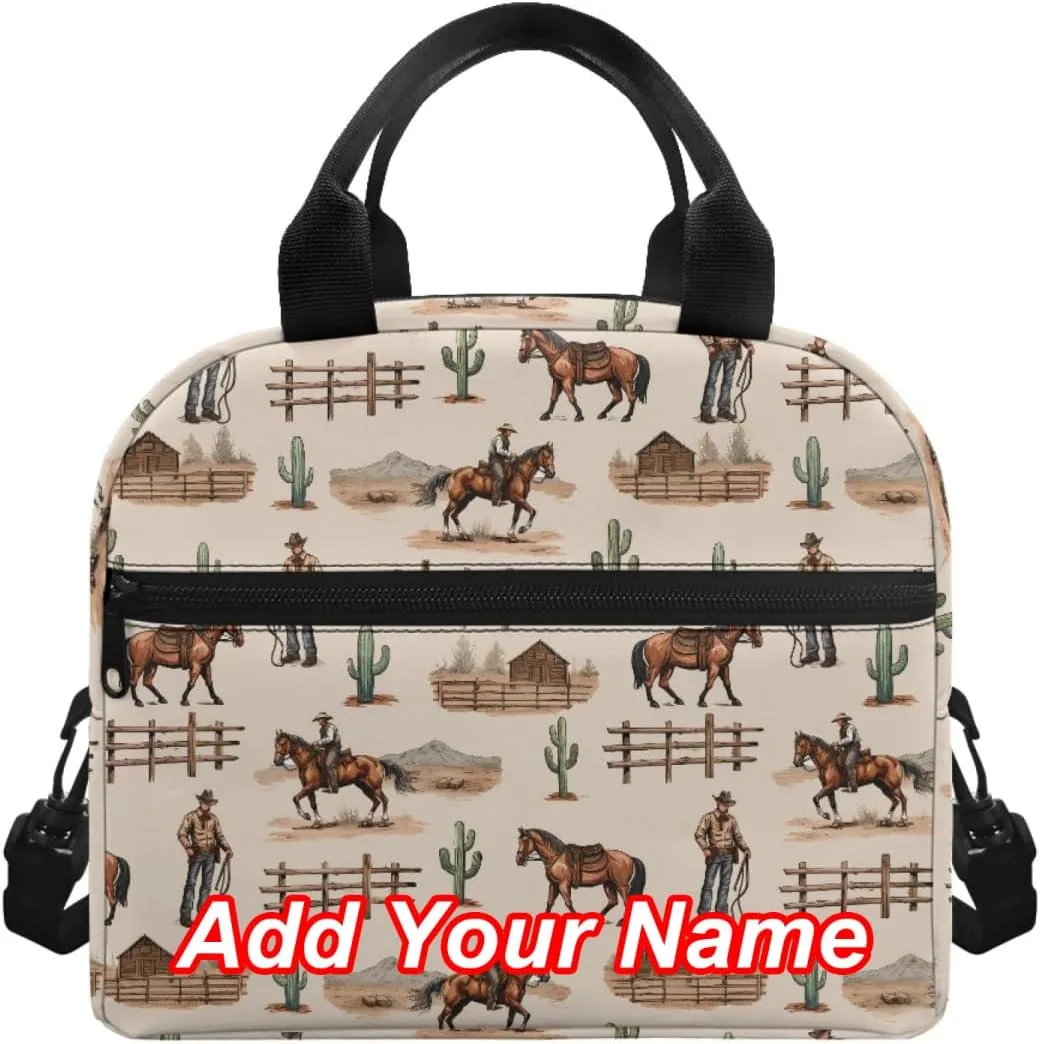 Custom Western Cowboy Lunch Bag Insulated Lunch Box for Kids Women Personalized Horse Southwestern Lunchbag Reusable Lunch Tote Bag Bento Cooler Bag Lunchbox for Boys Men School Picnic