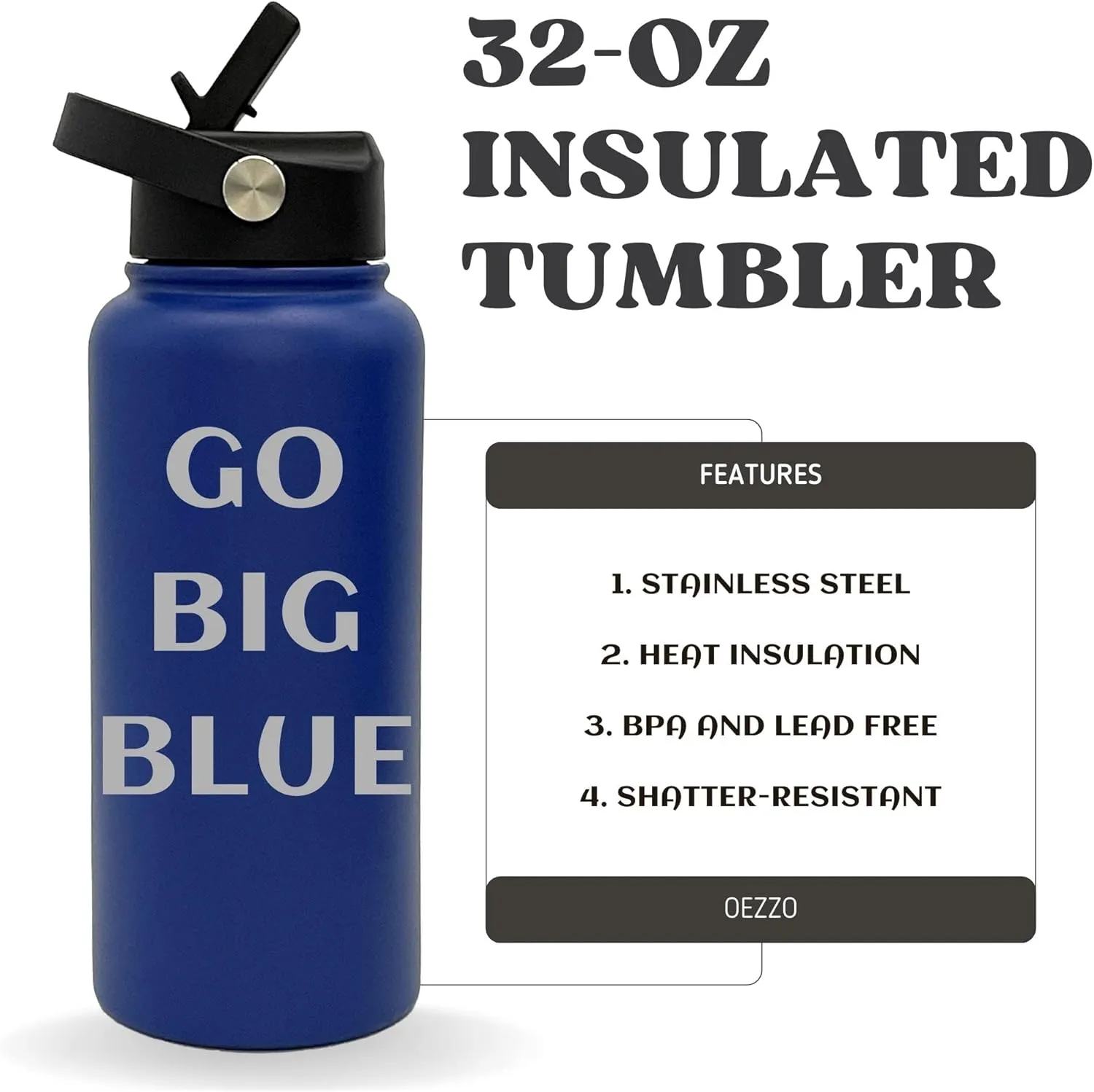 Customized Insulated Tumblers, Double Wall Personalized Bottles for Home, Travel or Gym, Splash and Leak Proof Flip Top Lid (32oz, Royal Blue)