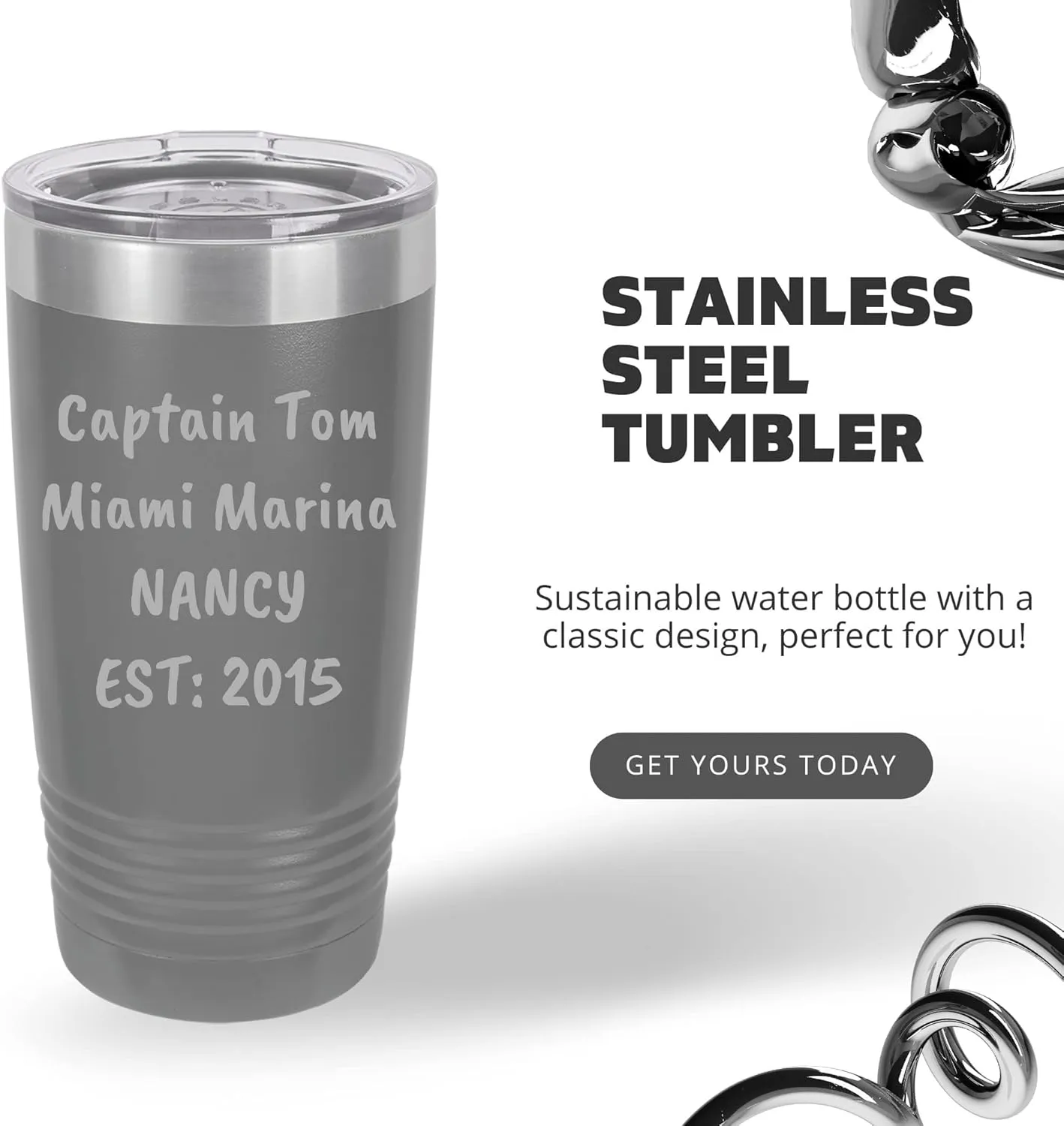 Customized Tumblers, Double Wall Personalized Bottles with Splash and Leak Proof Upgraded Slider Lid, Laser Engraved Text on One or Two Sides (20oz, Gray)