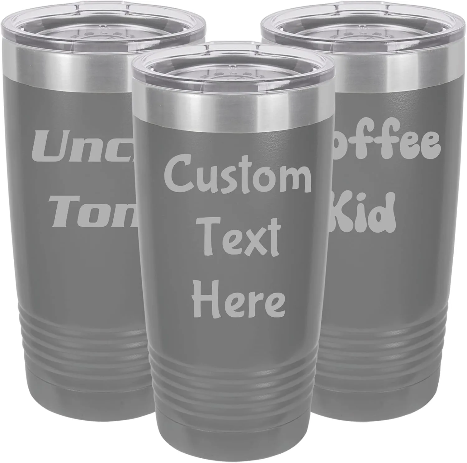 Customized Tumblers, Double Wall Personalized Bottles with Splash and Leak Proof Upgraded Slider Lid, Laser Engraved Text on One or Two Sides (20oz, Gray)