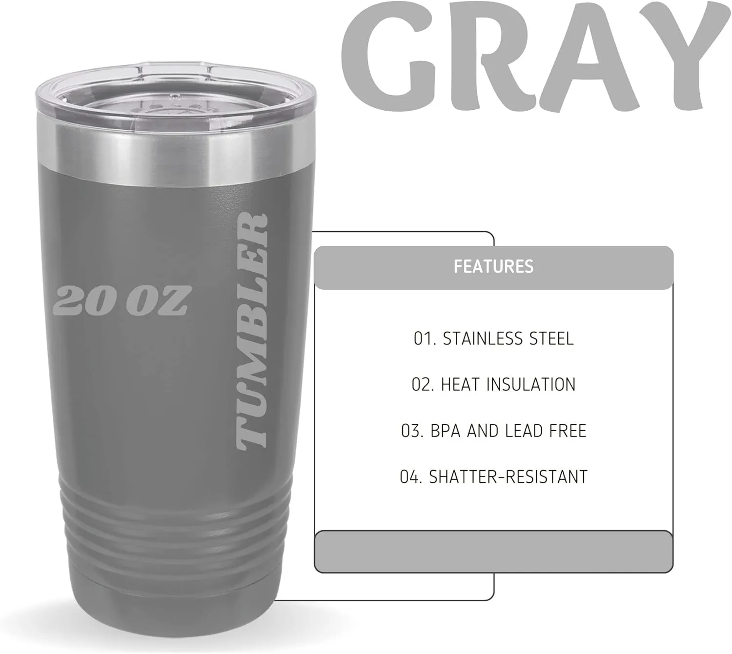 Customized Tumblers, Double Wall Personalized Bottles with Splash and Leak Proof Upgraded Slider Lid, Laser Engraved Text on One or Two Sides (20oz, Gray)