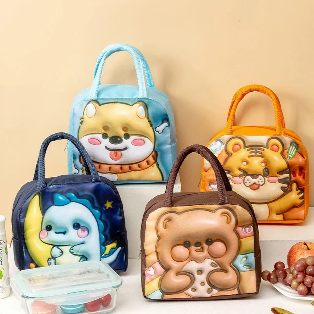 Cute 3D Cartoon Insulated Lunch Bag for Kids Oxford Fabric Bento Box Tote School