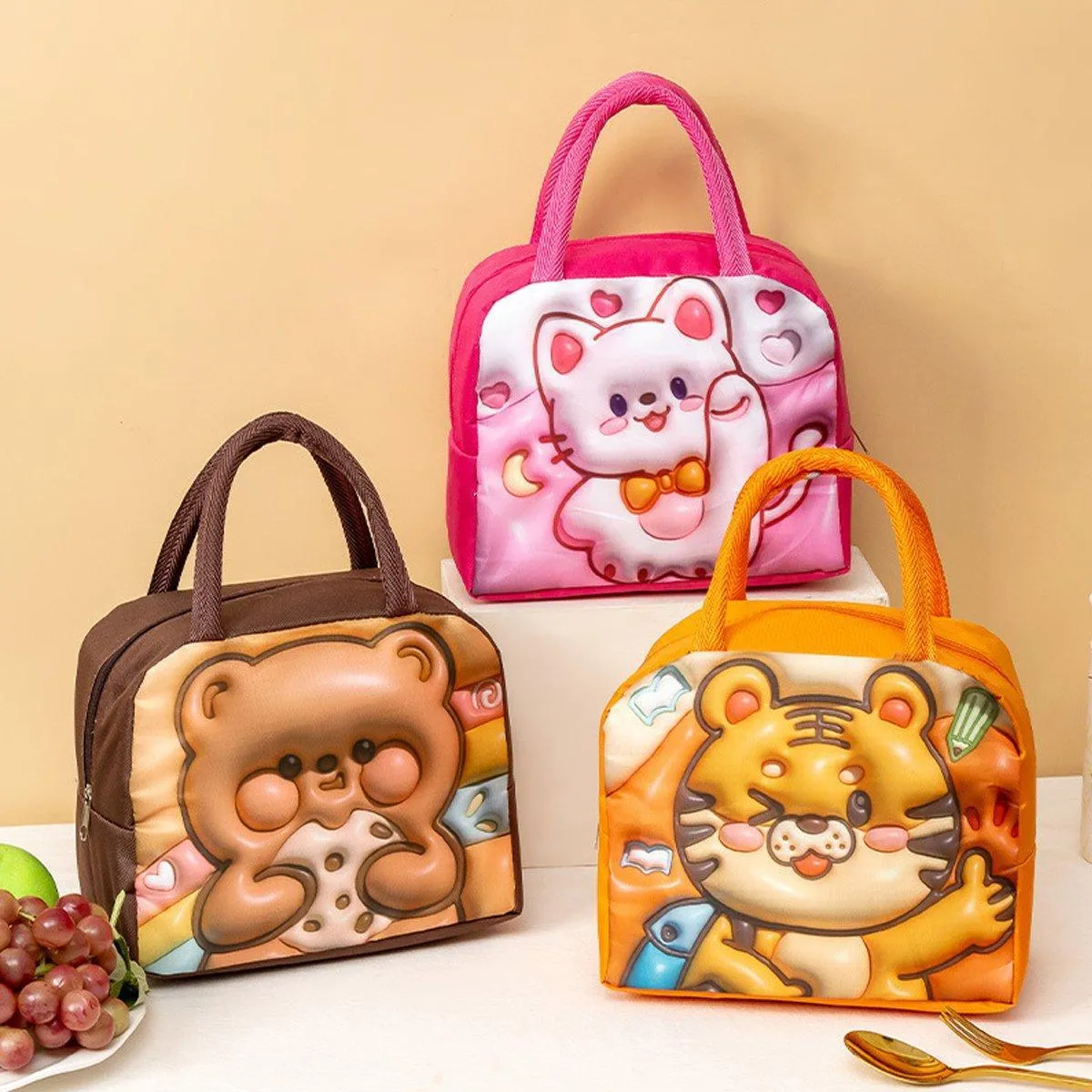 Cute 3D Cartoon Insulated Lunch Bag for Kids Oxford Fabric Bento Box Tote School