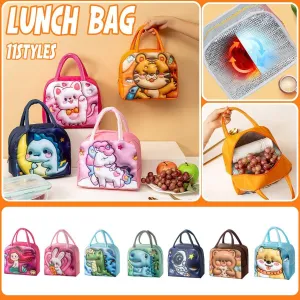 Cute 3D Cartoon Insulated Lunch Bag for Kids Oxford Fabric Bento Box Tote School