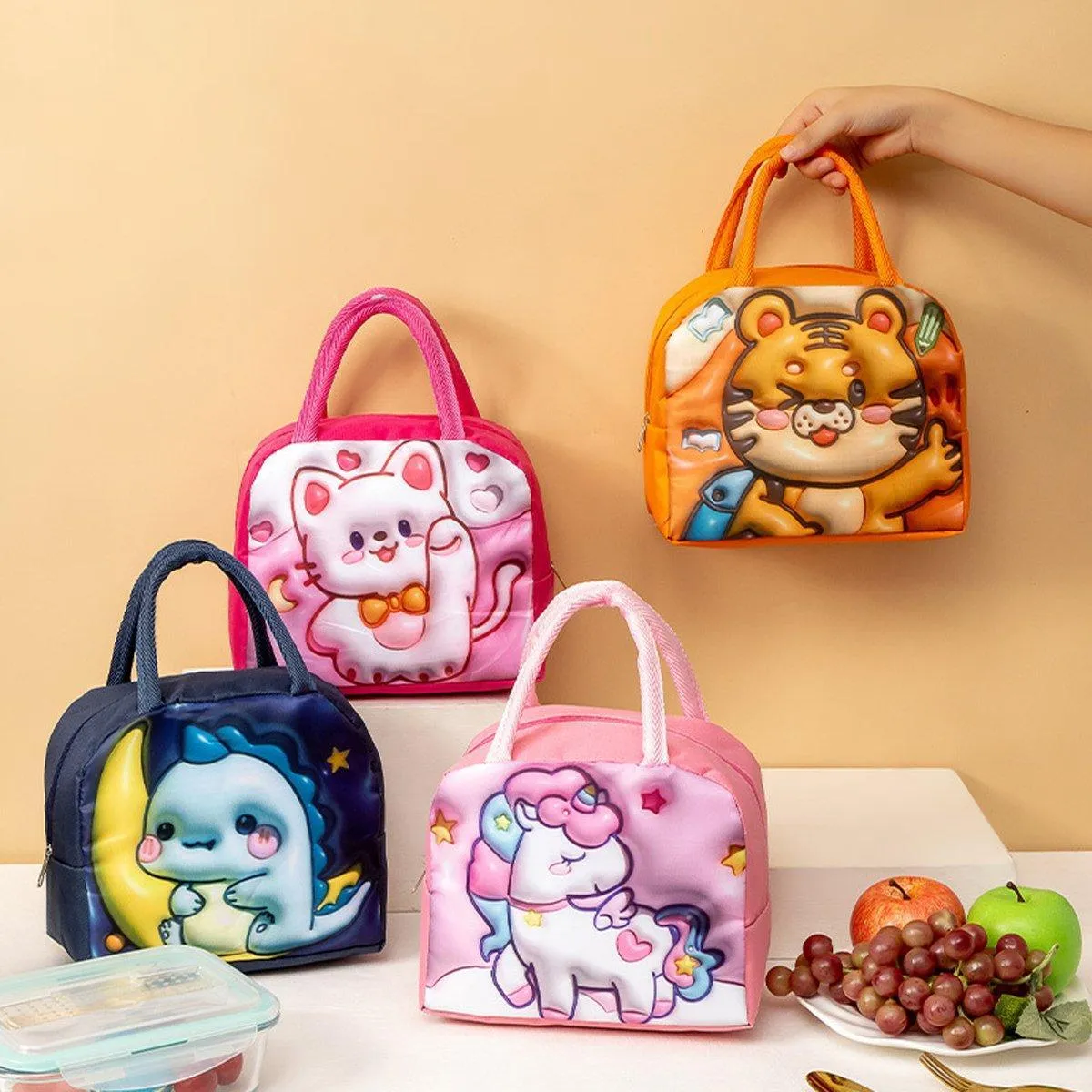 Cute 3D Cartoon Insulated Lunch Bag for Kids Oxford Fabric Bento Box Tote School
