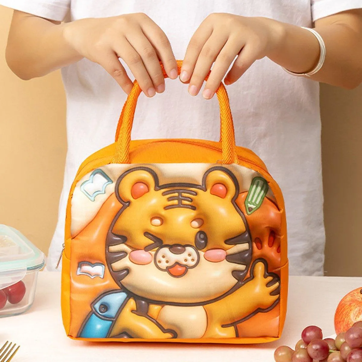 Cute 3D Cartoon Insulated Lunch Bag for Kids Oxford Fabric Bento Box Tote School