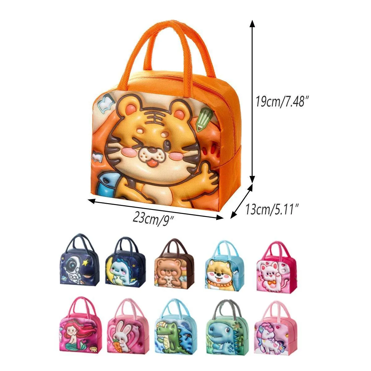 Cute 3D Cartoon Insulated Lunch Bag for Kids Oxford Fabric Bento Box Tote School
