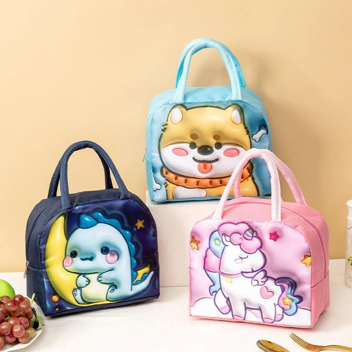 Cute 3D Cartoon Insulated Lunch Bag for Kids Oxford Fabric Bento Box Tote School