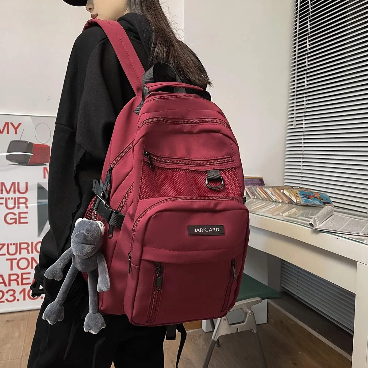Cute Aesthetic Backpack Kawaii Backpack for School with Cute Pendant Casual Daypack Middle Student Travel College Bookbag for Girls Large Capacity(Red)