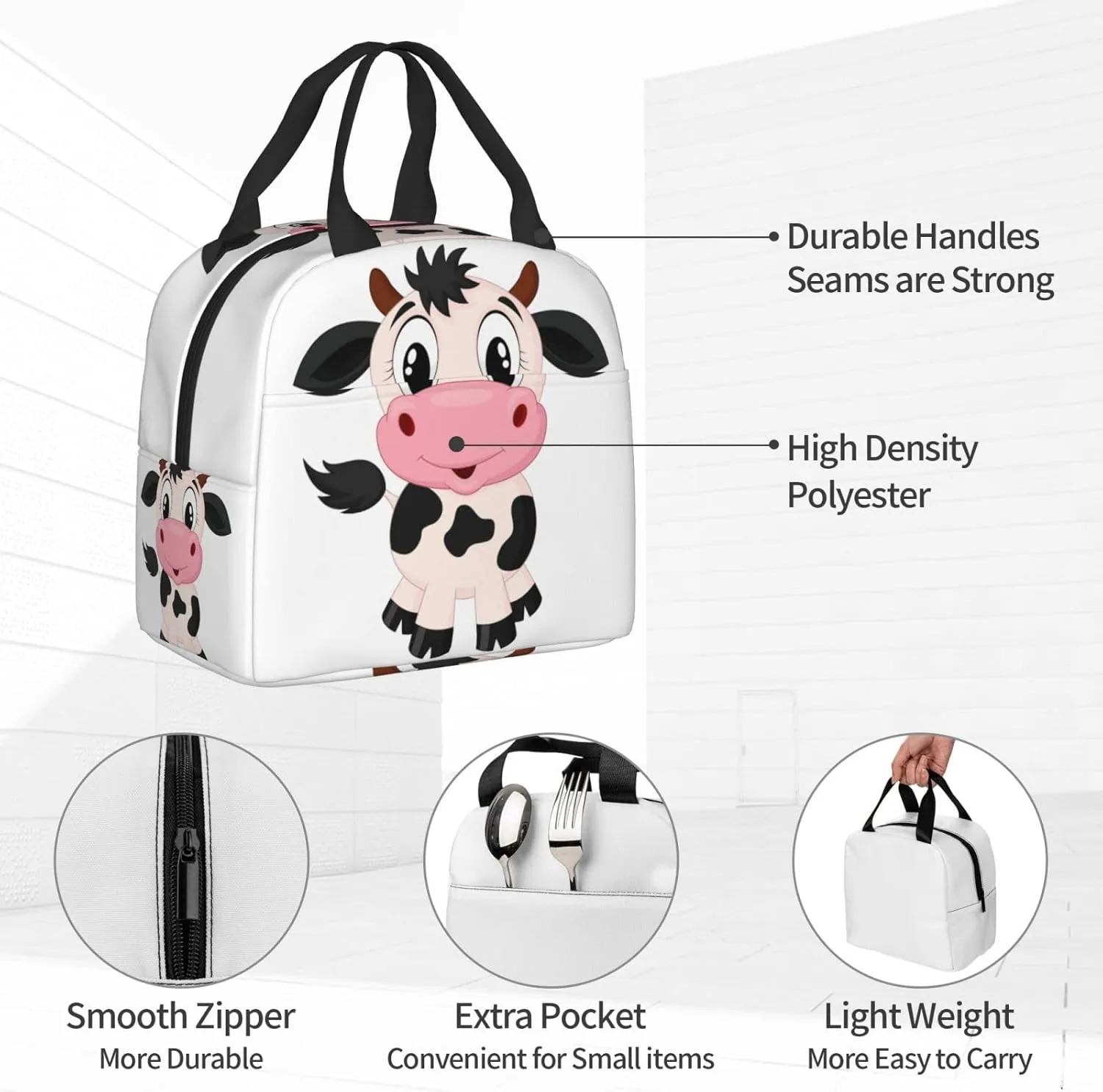 Cute Cartoon Milk Cow Lunch Box Insulated Meal Bag Lunch Bag Reusable Snack Bag Food Container For Boys Girls Men Women School Work Travel Picnic