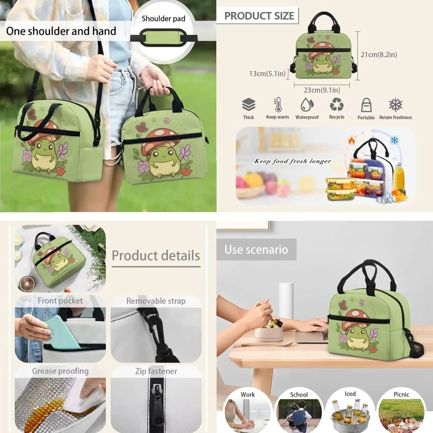 Cute Frog Mushroom Backpack Purse for Teen Girls Middle School 3Pcs Backpack Set Bookbag with Lunch Box Pencil Case, Green Cartoon Backpack