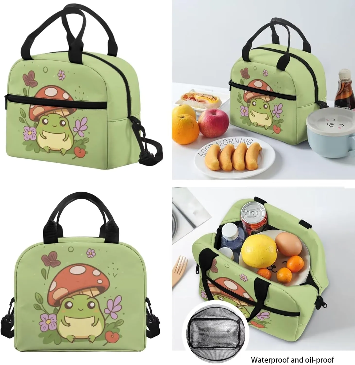 Cute Frog Mushroom Backpack Purse for Teen Girls Middle School 3Pcs Backpack Set Bookbag with Lunch Box Pencil Case, Green Cartoon Backpack