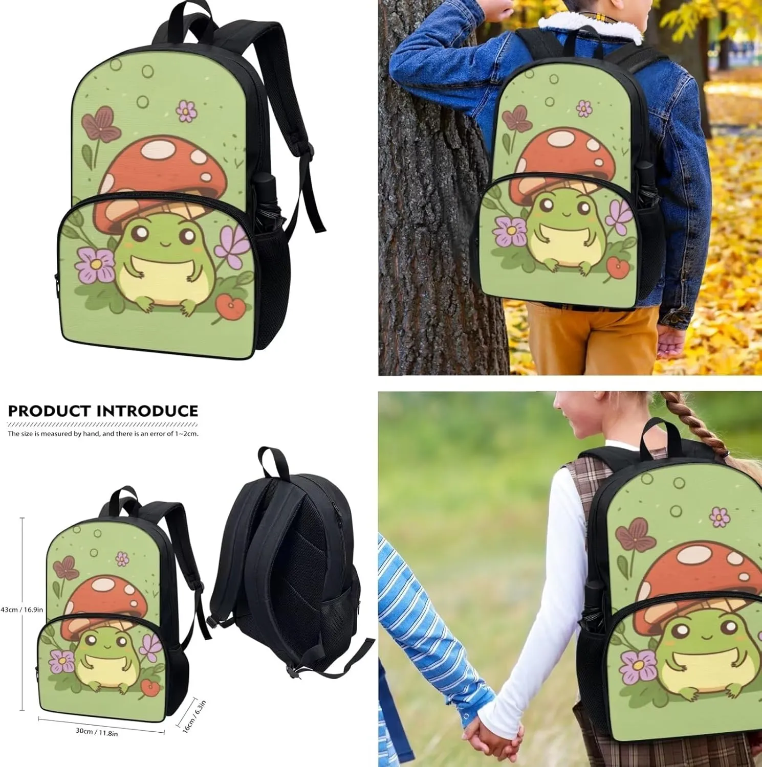 Cute Frog Mushroom Backpack Purse for Teen Girls Middle School 3Pcs Backpack Set Bookbag with Lunch Box Pencil Case, Green Cartoon Backpack