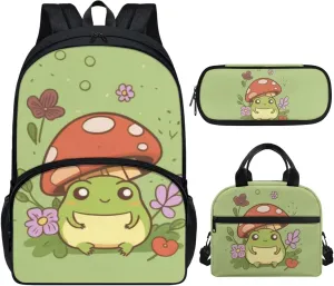 Cute Frog Mushroom Backpack Purse for Teen Girls Middle School 3Pcs Backpack Set Bookbag with Lunch Box Pencil Case, Green Cartoon Backpack