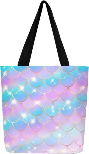Cute Mermaid Tail Scale Canvas Tote Bag for Women,Sea Ocean Animals Reusable Tote Bag,Rainbow Gradient Shopping Bag