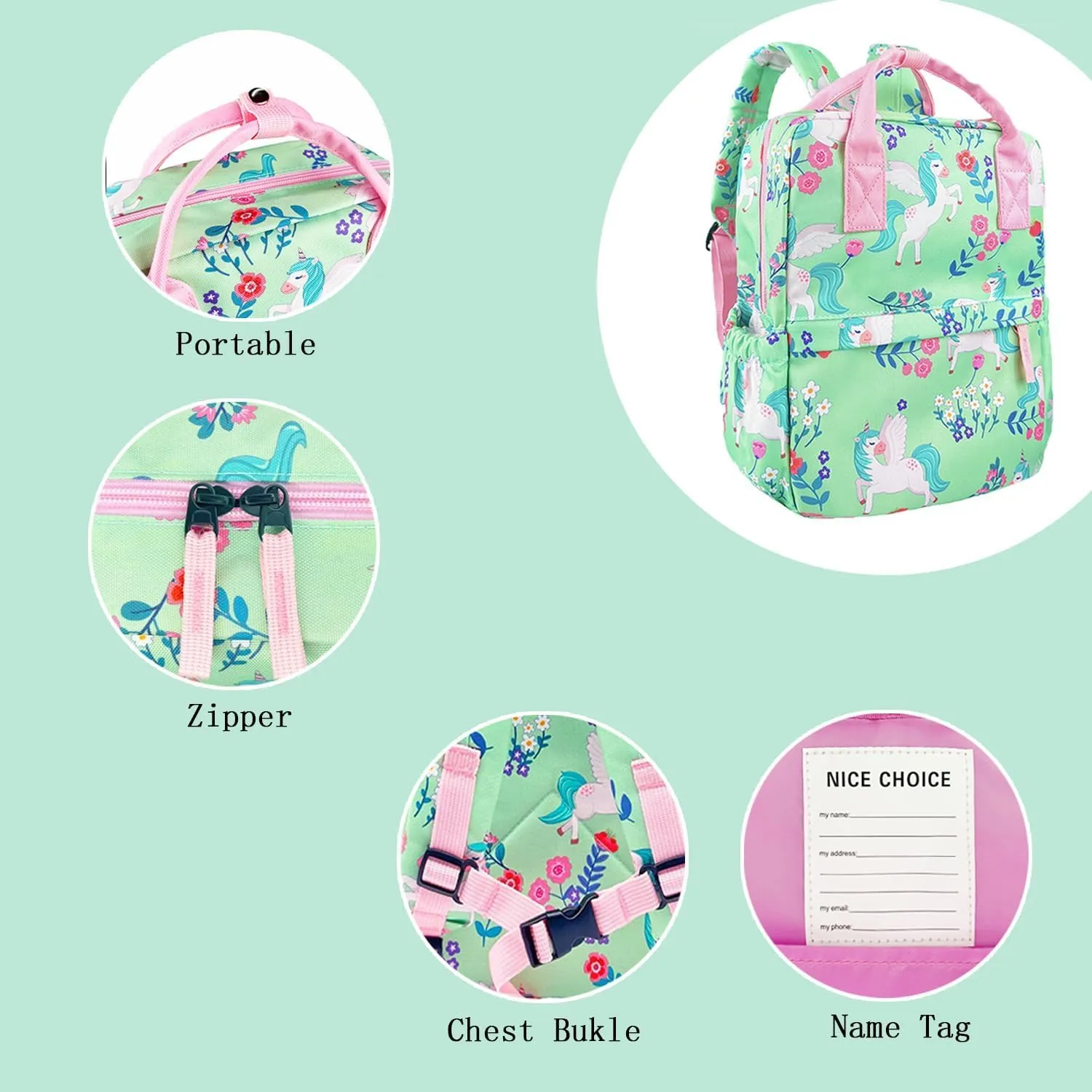 Cute Preschool Backpack Toddler School Book Bag for Girls Boys Kids Kindergarten Nursery Travel Bag with Chest Strap(12inch, Green Unicorn)