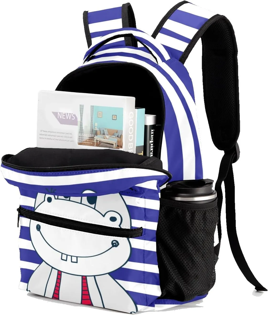 Cute Sailor Hippo Personalized Kids School Backpack Custom Name for Boys Girls Primary Daypack Bookbag Travel Bag