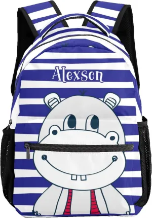 Cute Sailor Hippo Personalized Kids School Backpack Custom Name for Boys Girls Primary Daypack Bookbag Travel Bag