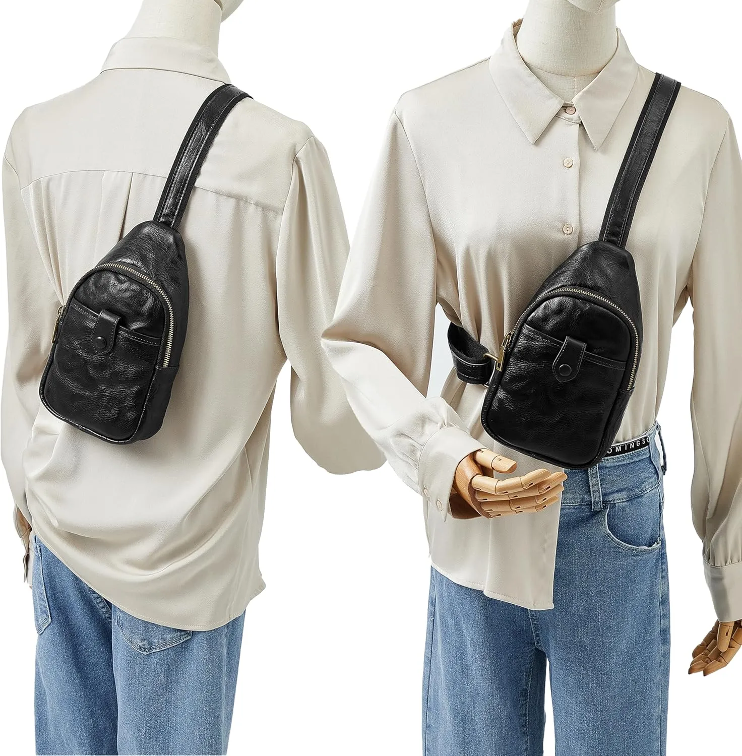 DAILANDO Vintage Leather Chest Sling Bag Unisex Crossbody Fanny Pack Backpack For Men And Women (Black)