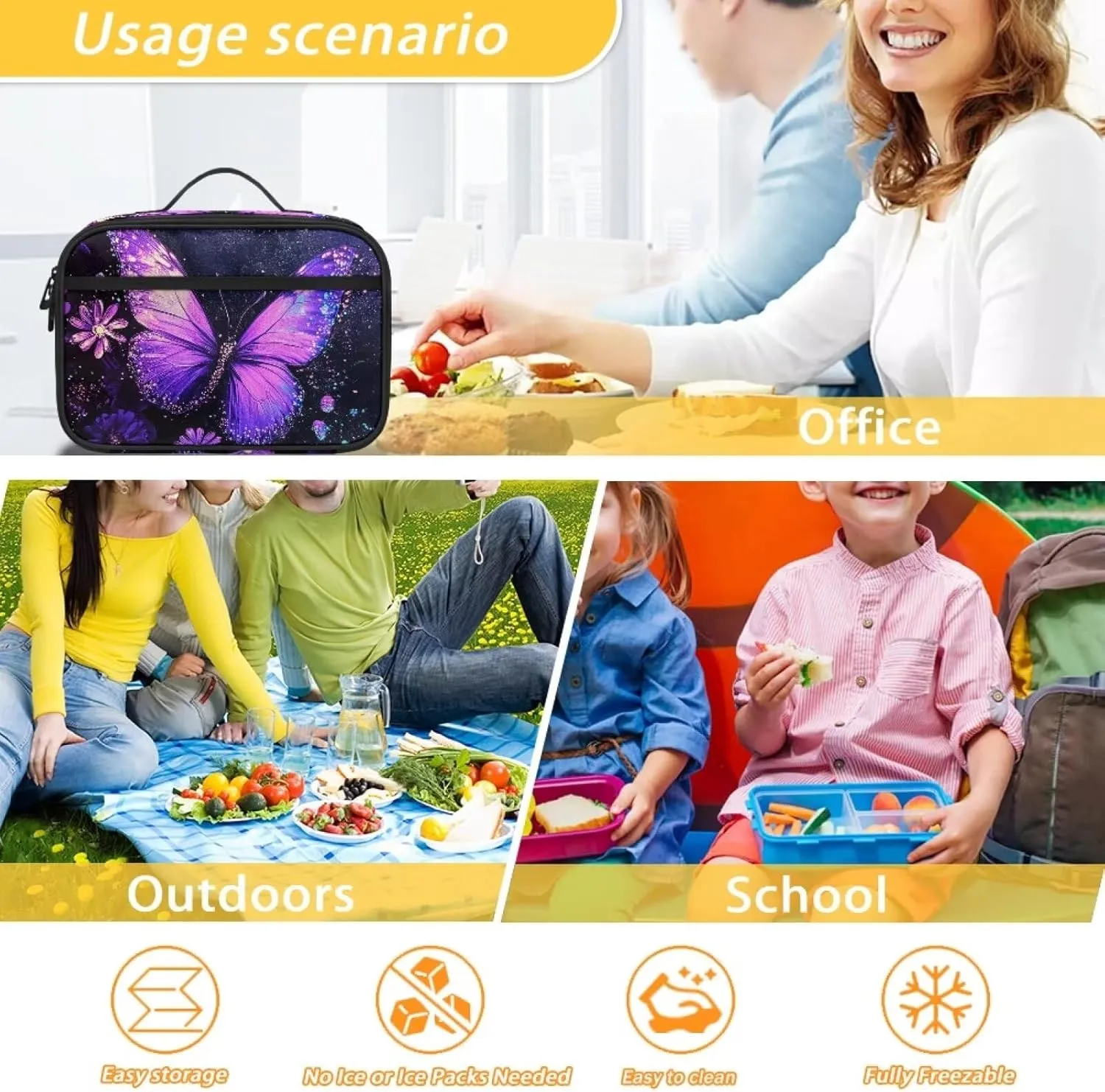 Daisy Butterfly Lunch Bag for Women Insulated Lunch Box Accessories for Kids Freezer Safe Bento Box Container for Teen Girls Picnic Outdoor Travel