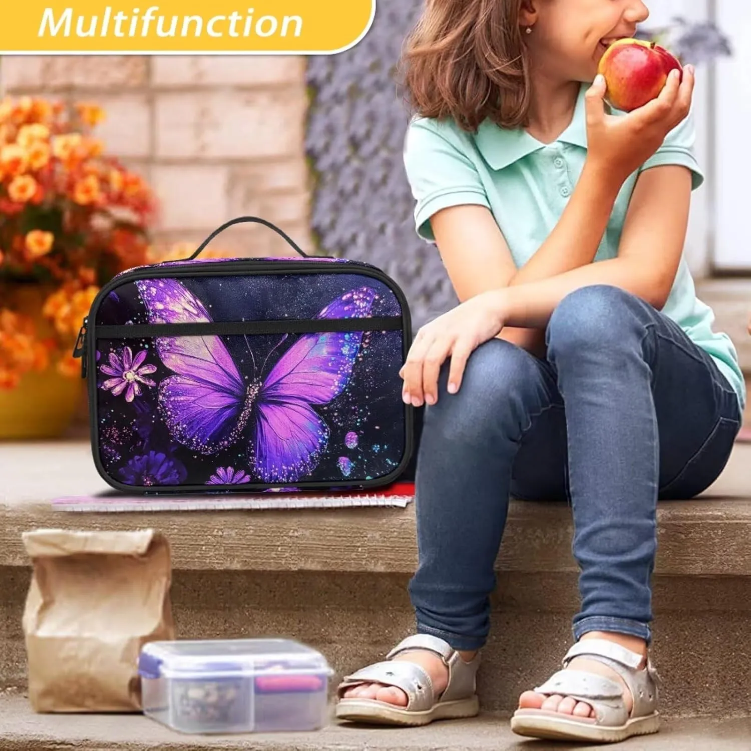 Daisy Butterfly Lunch Bag for Women Insulated Lunch Box Accessories for Kids Freezer Safe Bento Box Container for Teen Girls Picnic Outdoor Travel