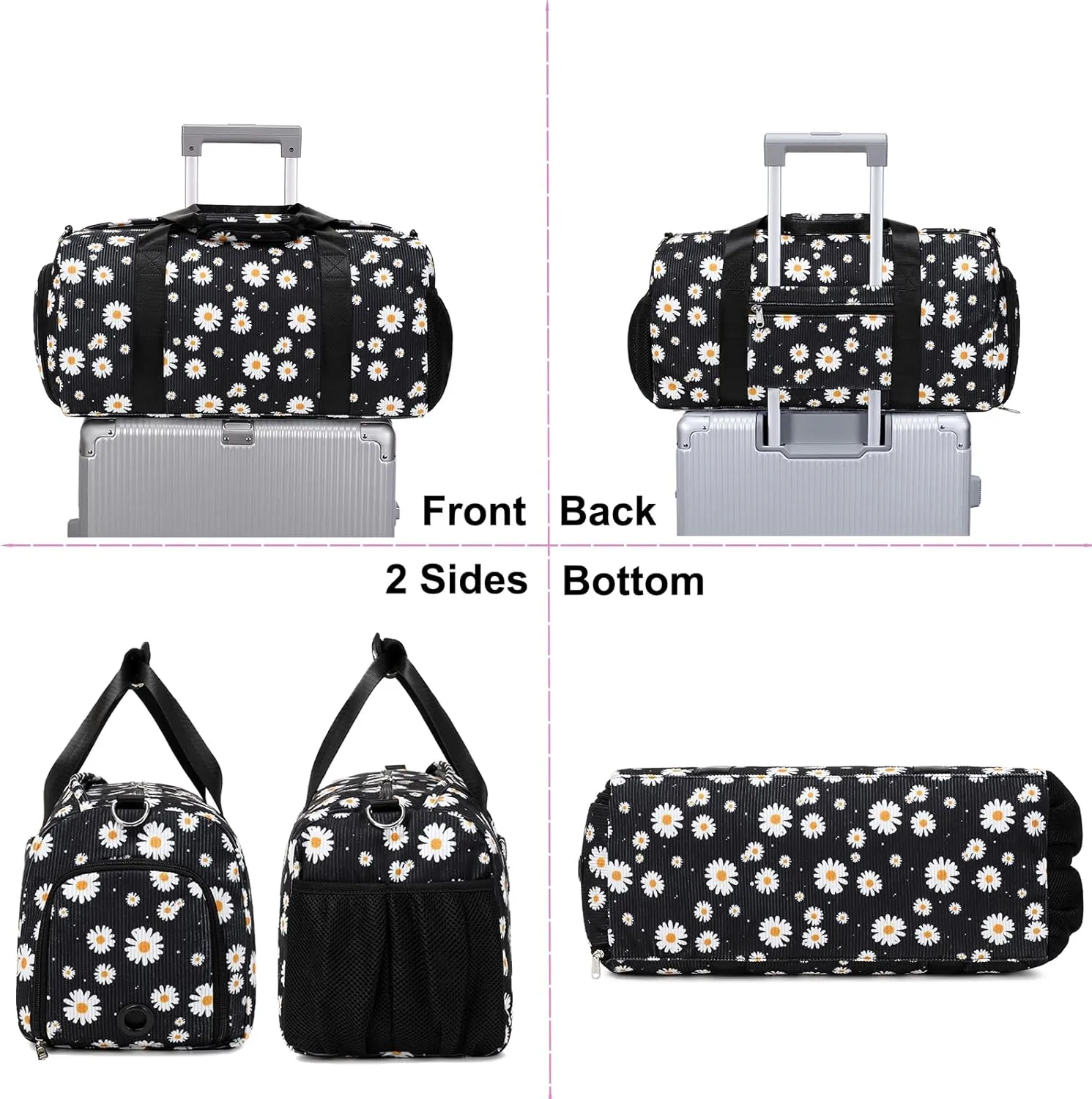 Dance Bag for Girls Corduroy Kids Duffel Bag Ballet Bag for Girls Teen Women Sports Gym Bag Water Resistant Travel Duffle Bags with Shoes Compartment（black daisy）