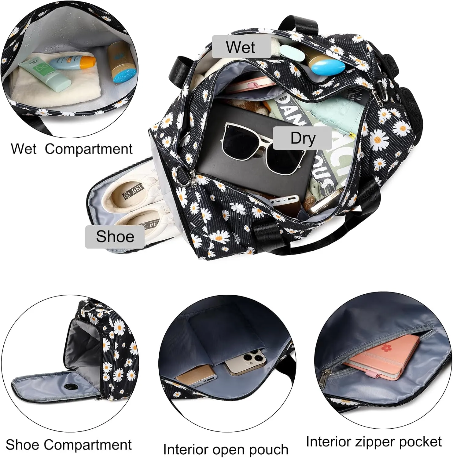 Dance Bag for Girls Corduroy Kids Duffel Bag Ballet Bag for Girls Teen Women Sports Gym Bag Water Resistant Travel Duffle Bags with Shoes Compartment（black daisy）