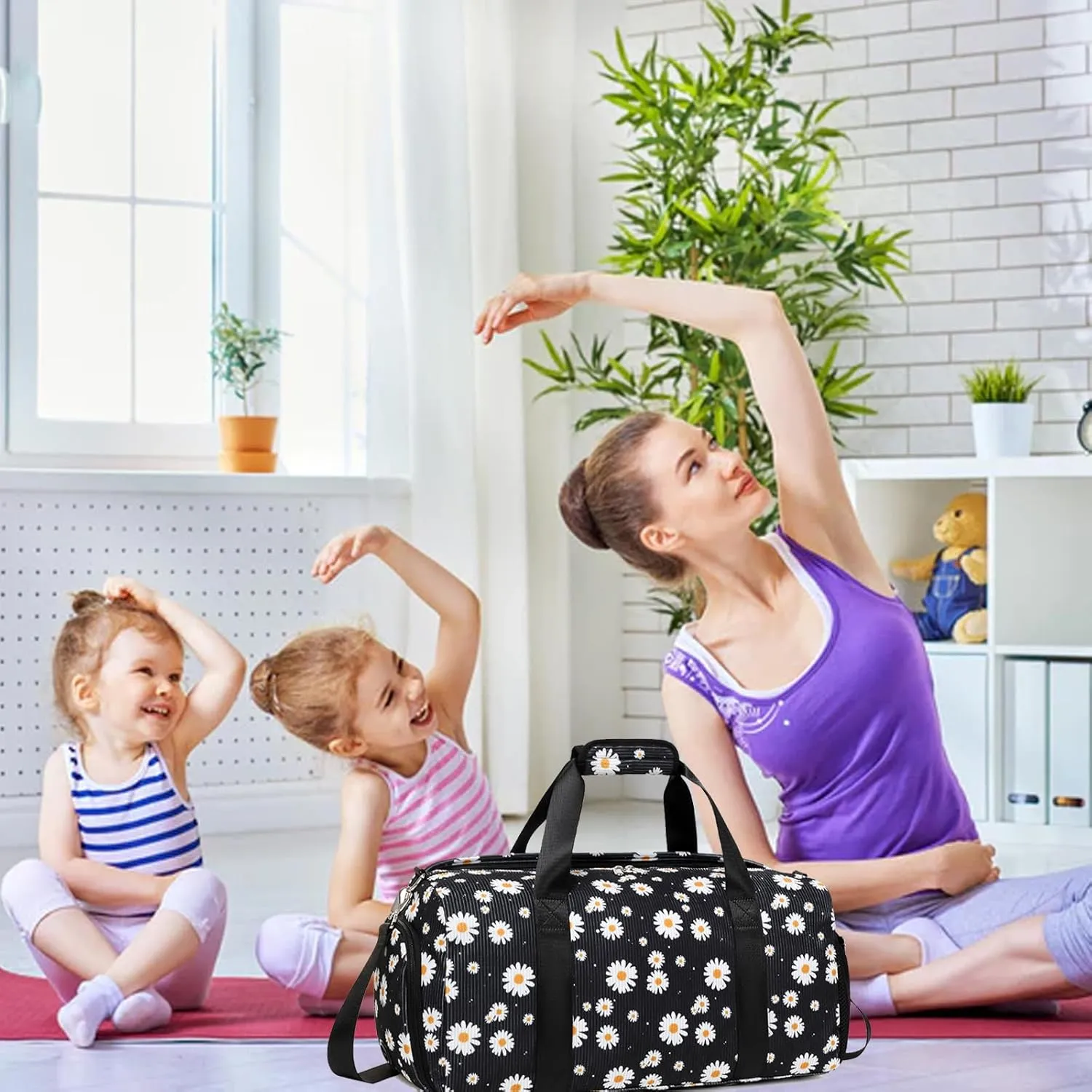 Dance Bag for Girls Corduroy Kids Duffel Bag Ballet Bag for Girls Teen Women Sports Gym Bag Water Resistant Travel Duffle Bags with Shoes Compartment（black daisy）