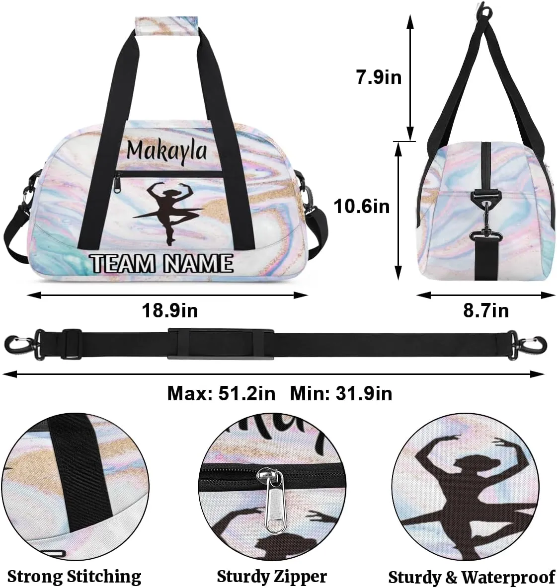 Dance Bag for Girls Personalized with Name Team Name Custom Kids Ballet Bag Teens Sports Gym Bag Travel Bag Yoga Bag