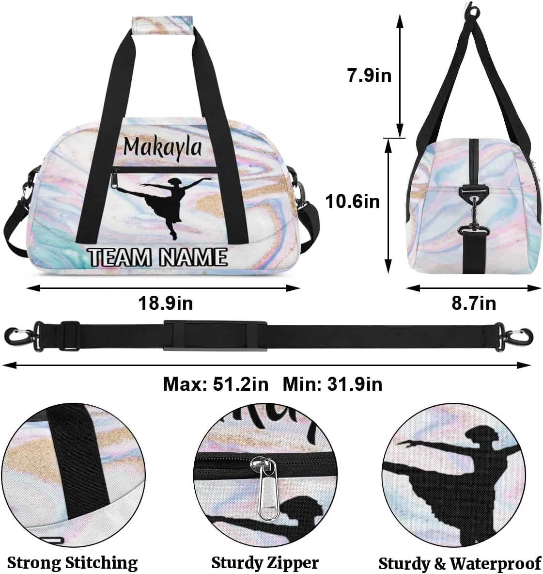 Dance Bag for Girls Personalized with Name Team Name Custom Kids Ballet Bag Teens Sports Gym Bag Travel Bag Yoga Bag