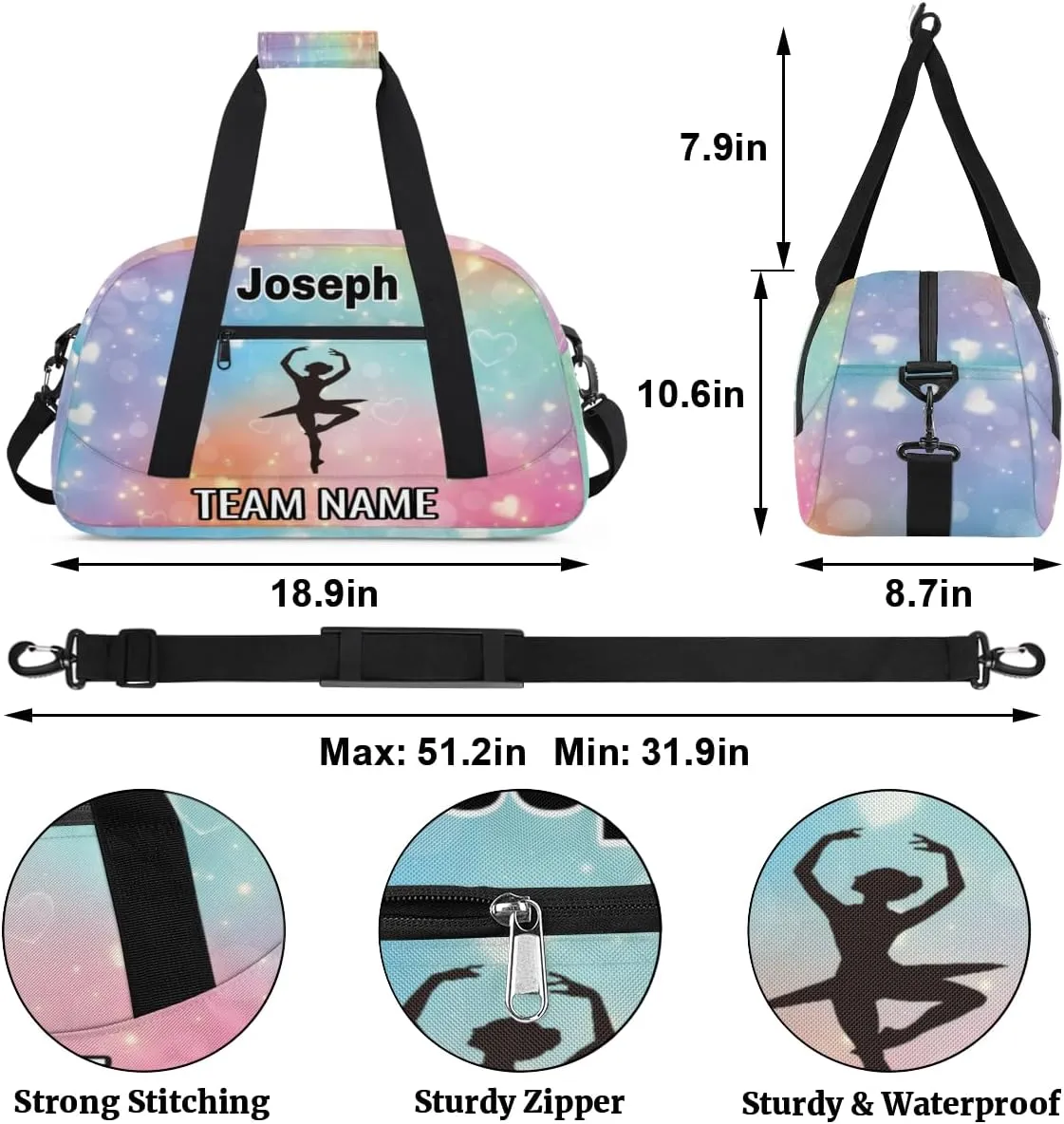 Dance Bag for Girls Personalized with Name Team Name Custom Kids Ballet Bag Teens Sports Gym Bag Travel Bag Yoga Bag
