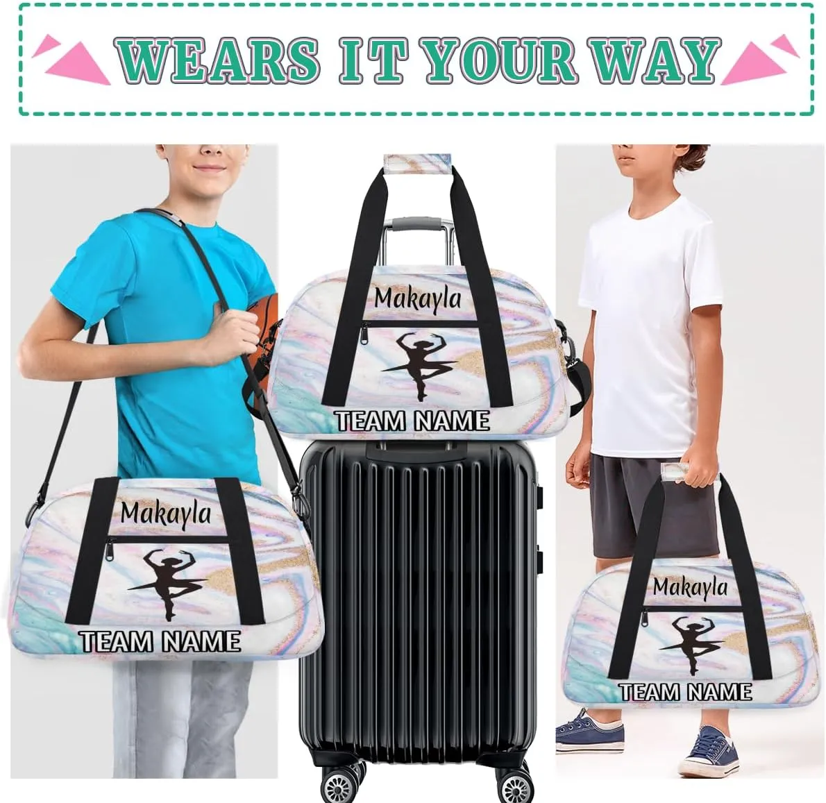 Dance Bag for Girls Personalized with Name Team Name Custom Kids Ballet Bag Teens Sports Gym Bag Travel Bag Yoga Bag