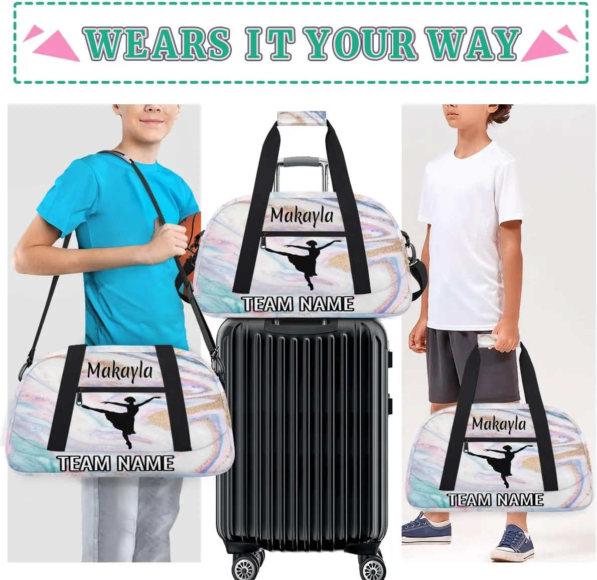 Dance Bag for Girls Personalized with Name Team Name Custom Kids Ballet Bag Teens Sports Gym Bag Travel Bag Yoga Bag
