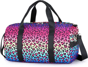 Dance Bag Girls Gymnastics Gym Bag Kids Duffle Bag Unicorn Overnight Travel Bag with Shoe Compartments Sports Ballet Bag Teens Weekender Sleepover Carry On Bag （Multi-colored leopard print）