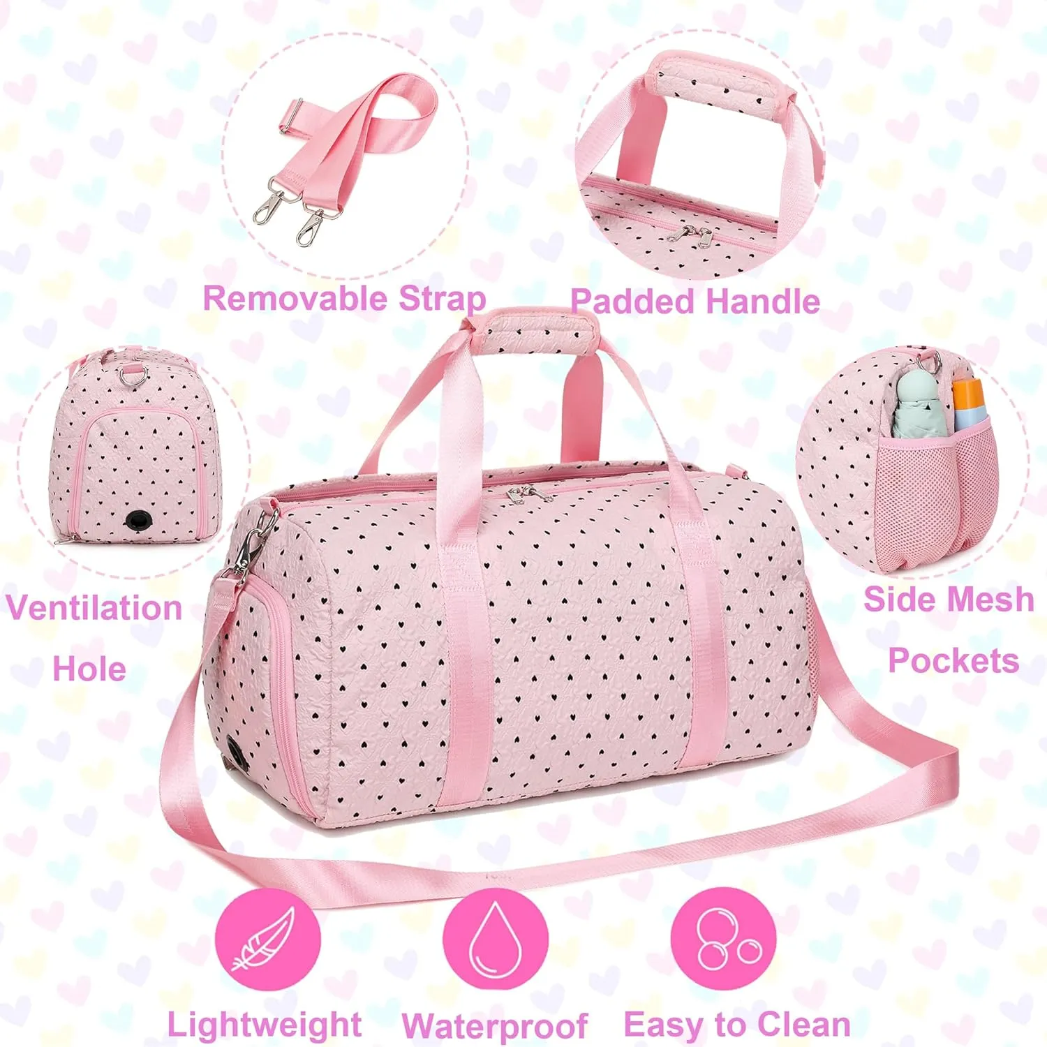 Dance Bag with Shoe Compartment and Wet Pocket Girls Duffle Bags Gymnastics Bag for Girls Overnight Sleepover Bags,Heart Pattern