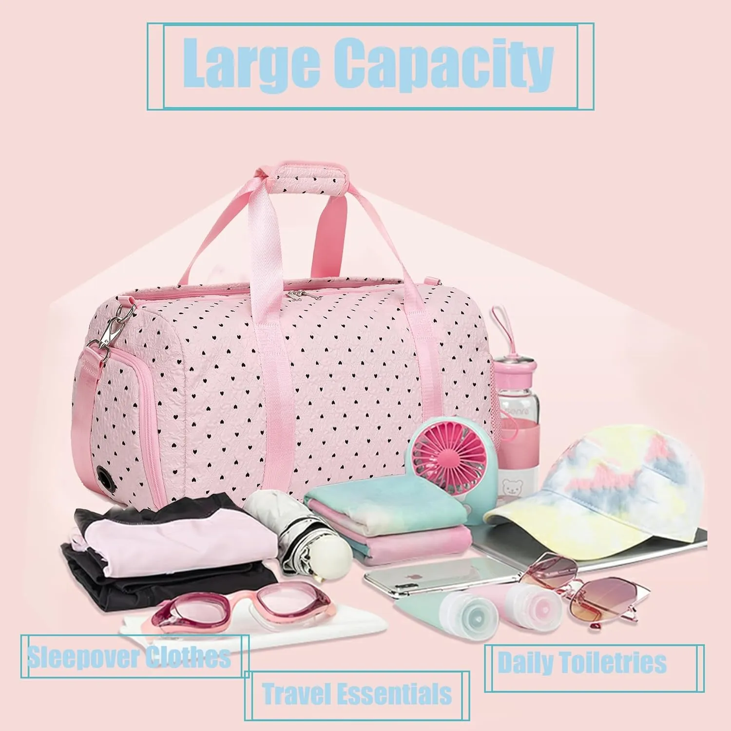 Dance Bag with Shoe Compartment and Wet Pocket Girls Duffle Bags Gymnastics Bag for Girls Overnight Sleepover Bags,Heart Pattern