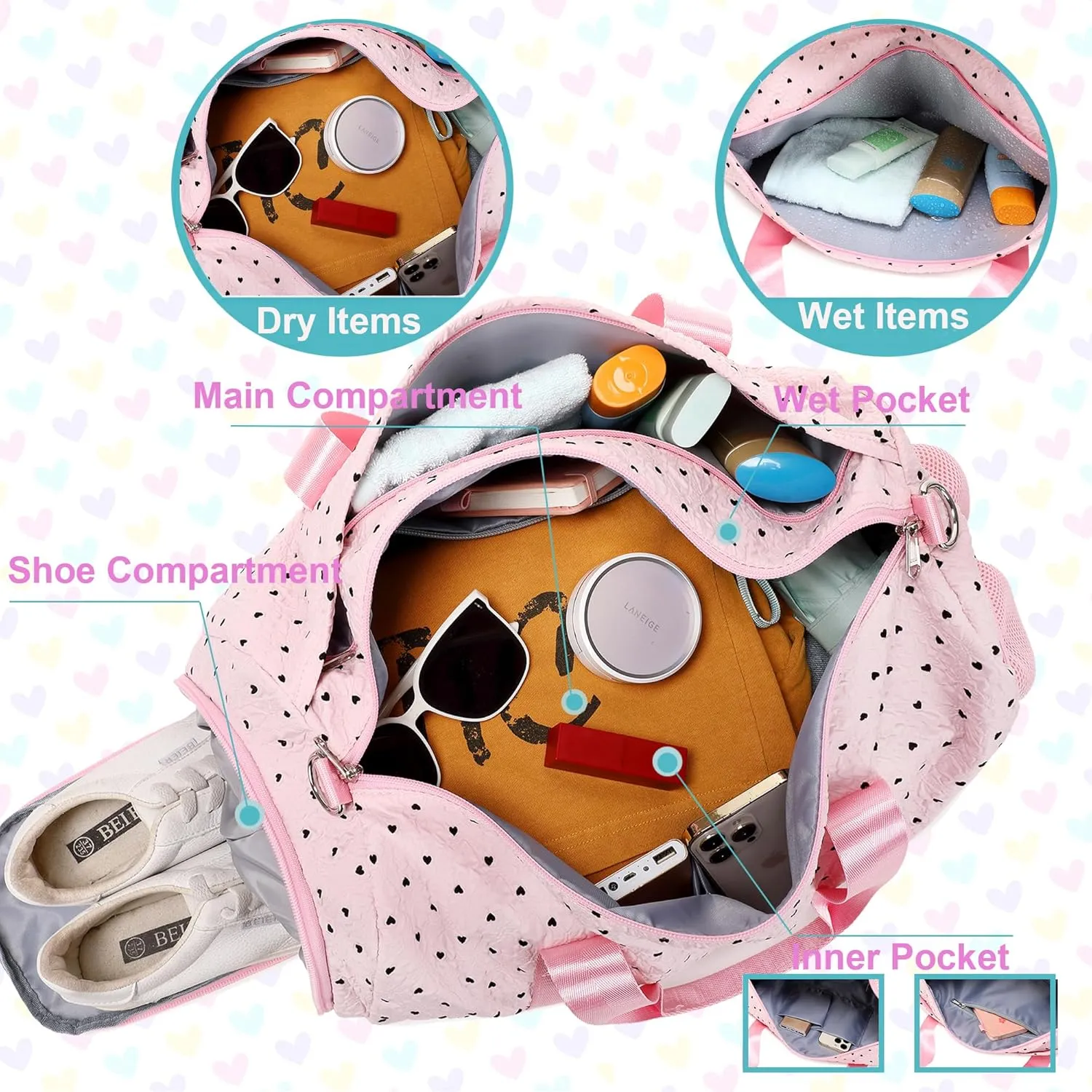 Dance Bag with Shoe Compartment and Wet Pocket Girls Duffle Bags Gymnastics Bag for Girls Overnight Sleepover Bags,Heart Pattern