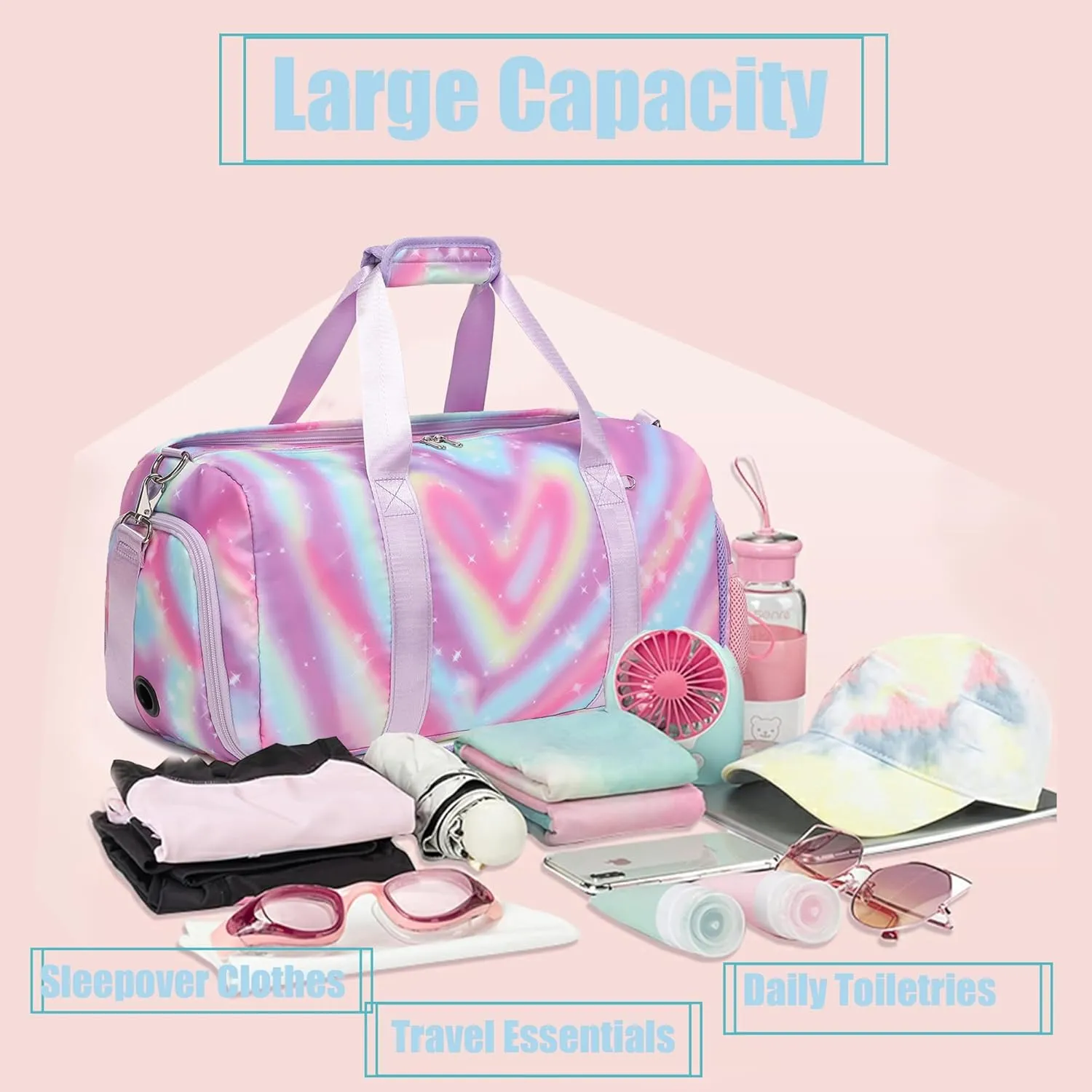 Dance Bag with Shoe Compartment and Wet Pocket,Girls Duffle Bags Gymnastics Bag for Girls Overnight Sleepover Bags,Y2K Heart Shape