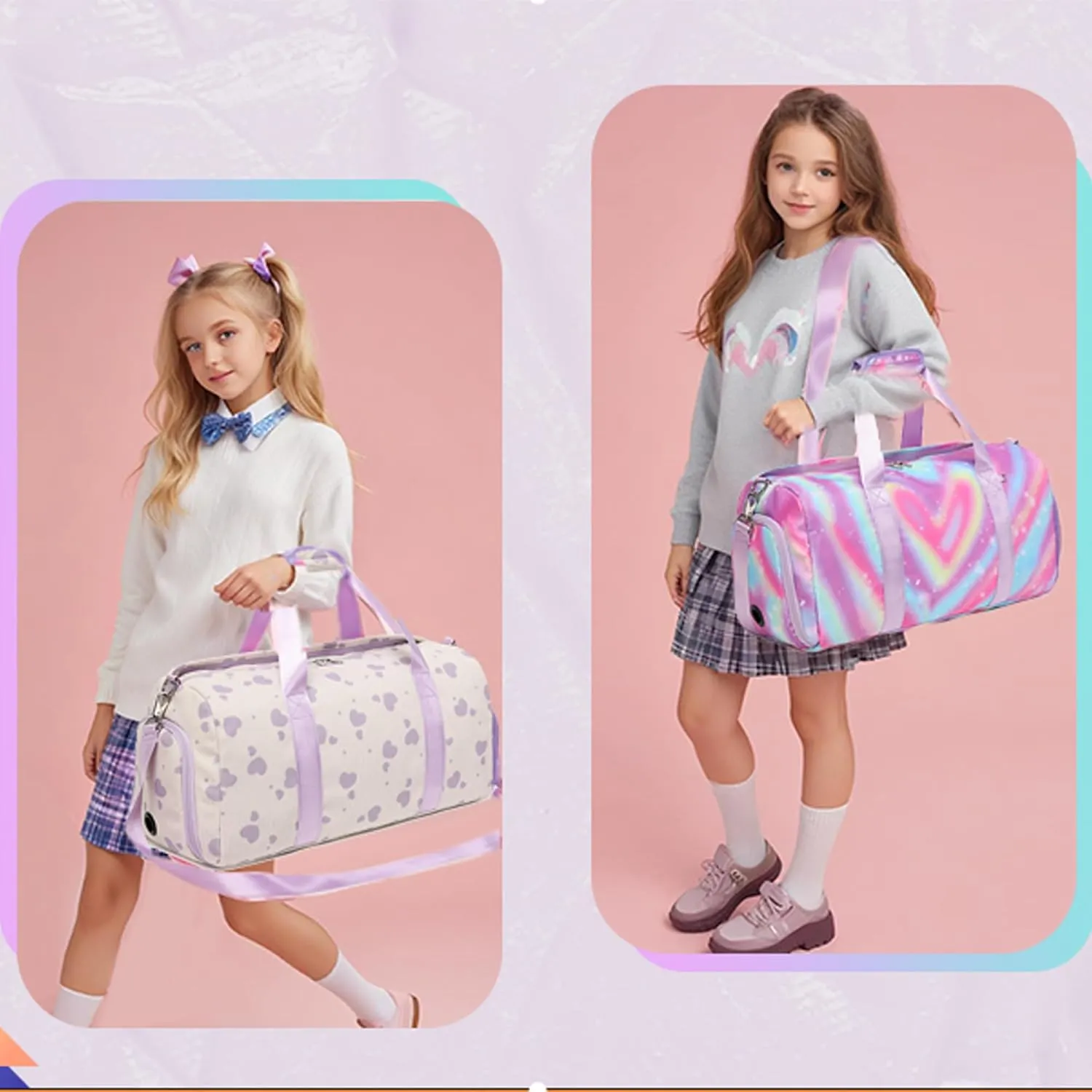 Dance Bag with Shoe Compartment and Wet Pocket,Girls Duffle Bags Gymnastics Bag for Girls Overnight Sleepover Bags,Y2K Heart Shape