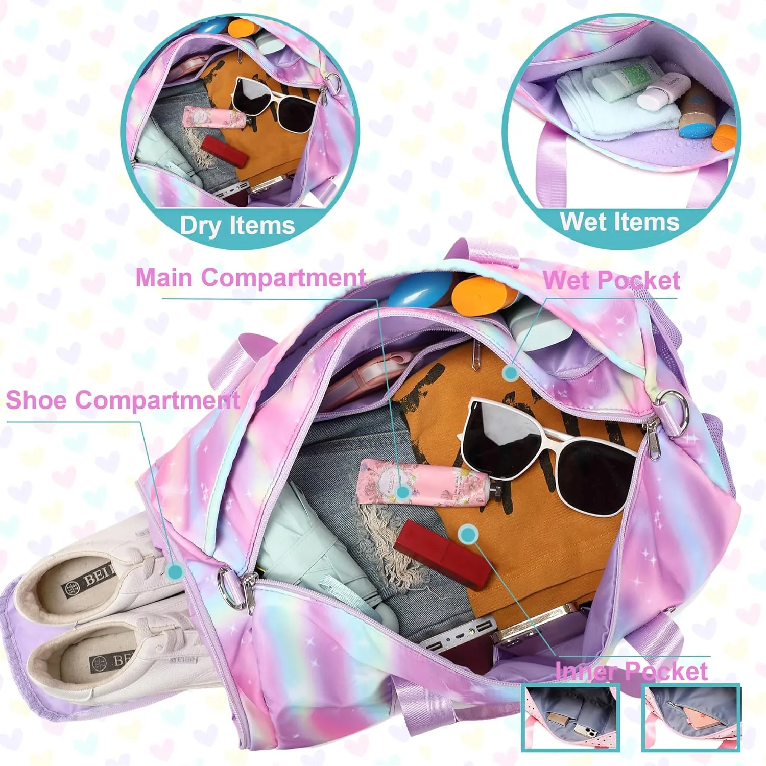 Dance Bag with Shoe Compartment and Wet Pocket,Girls Duffle Bags Gymnastics Bag for Girls Overnight Sleepover Bags,Y2K Heart Shape