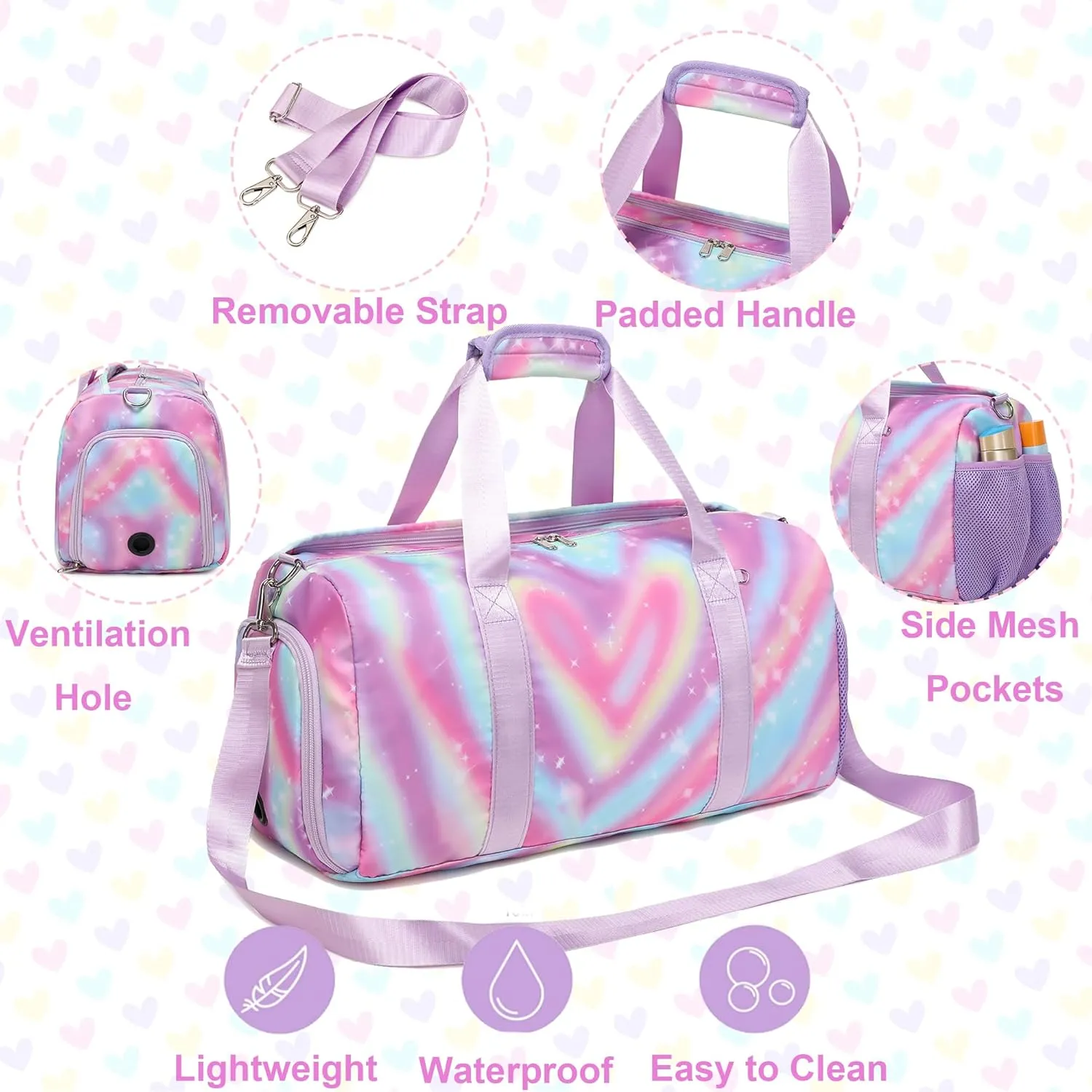 Dance Bag with Shoe Compartment and Wet Pocket,Girls Duffle Bags Gymnastics Bag for Girls Overnight Sleepover Bags,Y2K Heart Shape