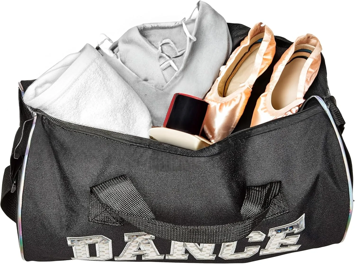 Dance Duffle Bag for Girls, Water-resistant Kids Travel Bag with Adjustable Carry On and Handy Pouch, Dance Accessories For Girls (Black/Silver) One Size