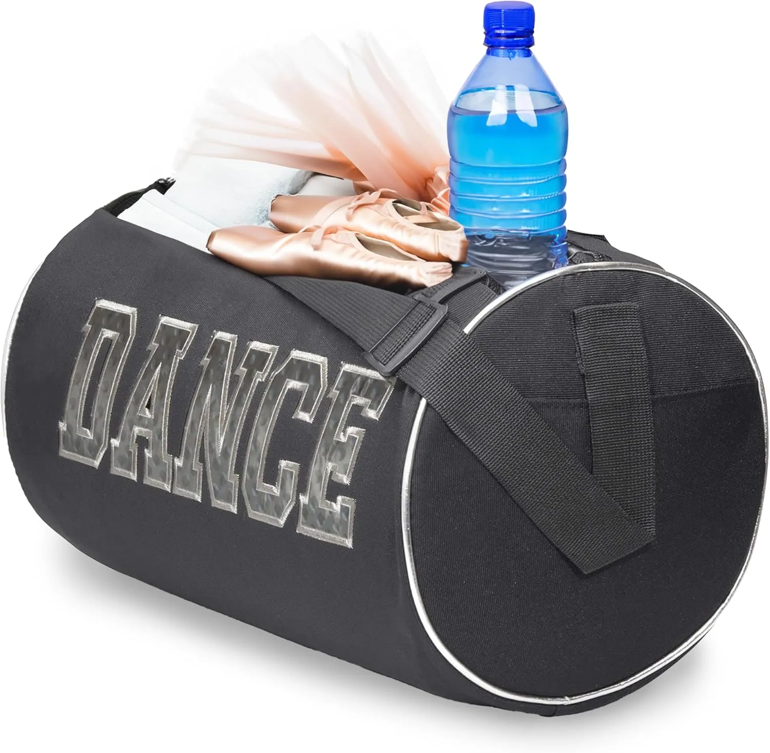 Dance Duffle Bag for Girls, Water-resistant Kids Travel Bag with Adjustable Carry On and Handy Pouch, Dance Accessories For Girls (Black/Silver) One Size