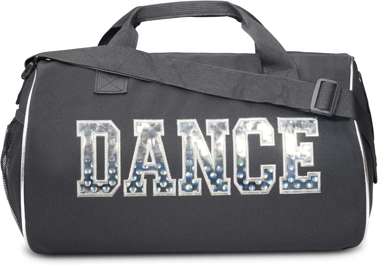 Dance Duffle Bag for Girls, Water-resistant Kids Travel Bag with Adjustable Carry On and Handy Pouch, Dance Accessories For Girls (Black/Silver) One Size