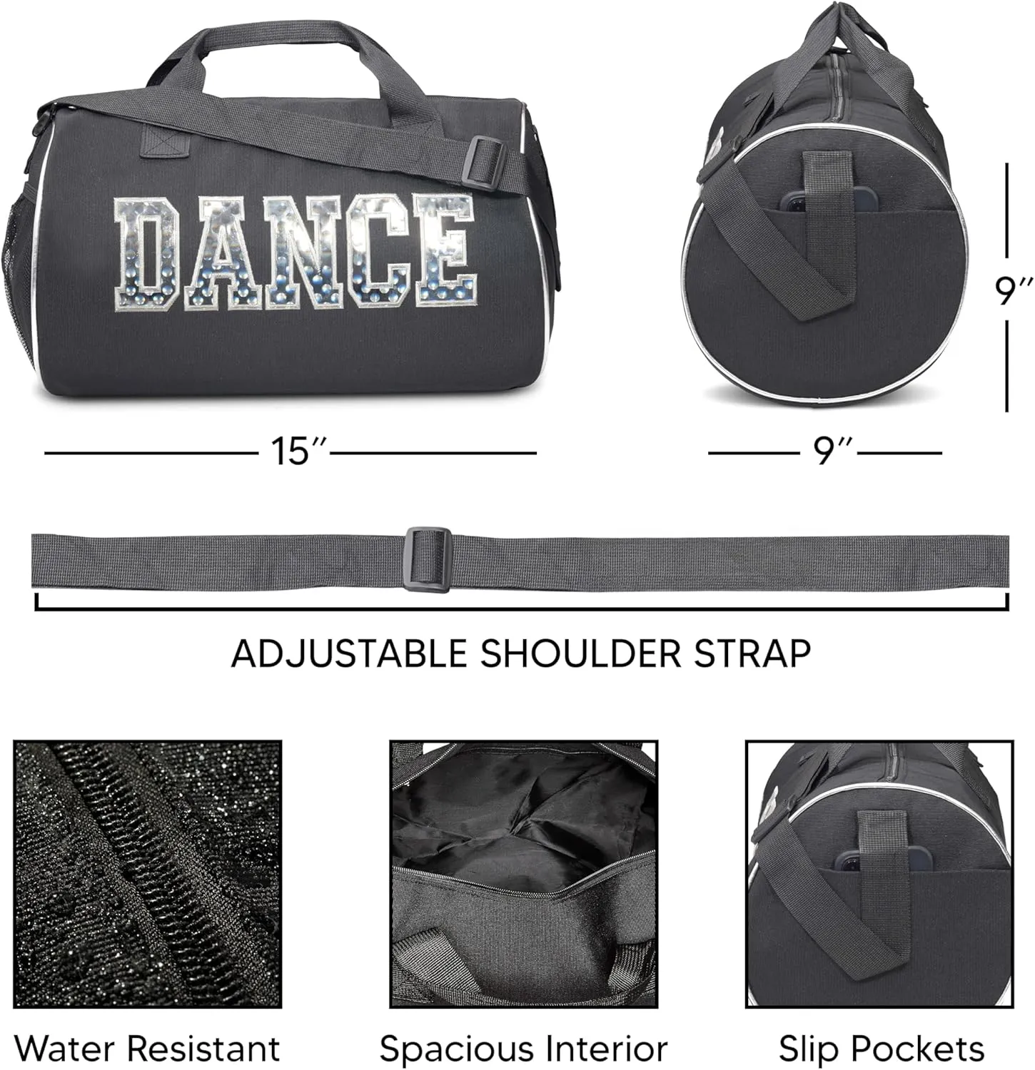 Dance Duffle Bag for Girls, Water-resistant Kids Travel Bag with Adjustable Carry On and Handy Pouch, Dance Accessories For Girls (Black/Silver) One Size
