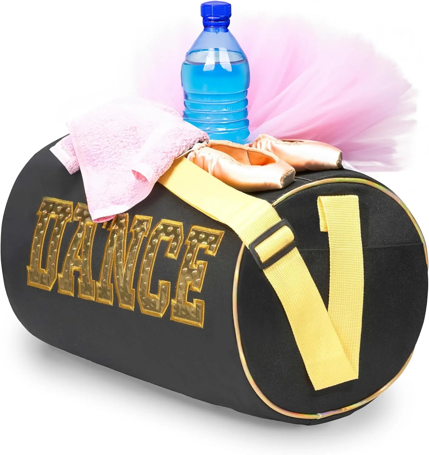 Dance Duffle Bag for Girls, Water-resistant Kids Travel Bag with Adjustable Carry On and Handy Pouch, Dance Accessories For Girls (Black/Yellow)