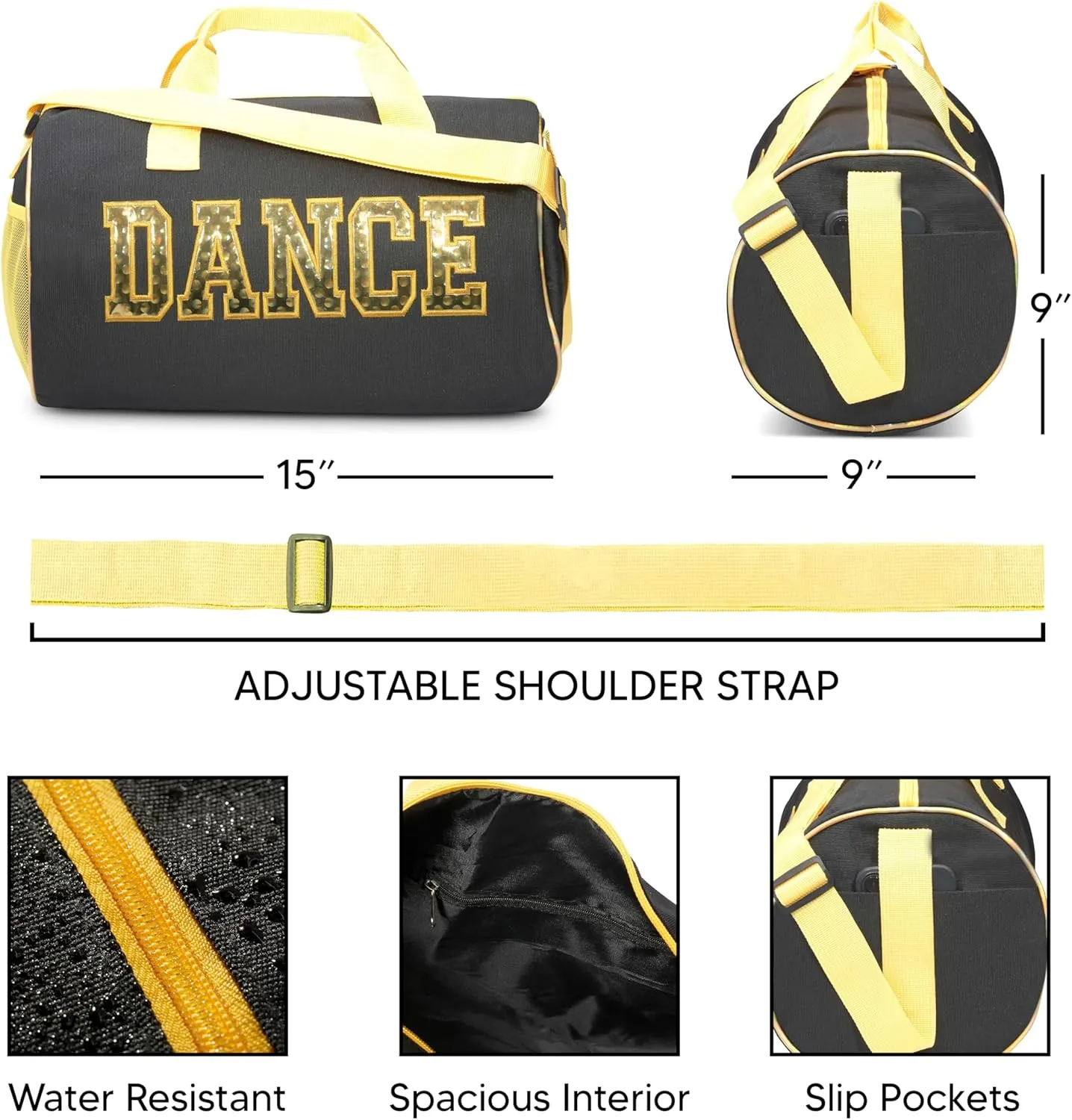Dance Duffle Bag for Girls, Water-resistant Kids Travel Bag with Adjustable Carry On and Handy Pouch, Dance Accessories For Girls (Black/Yellow)