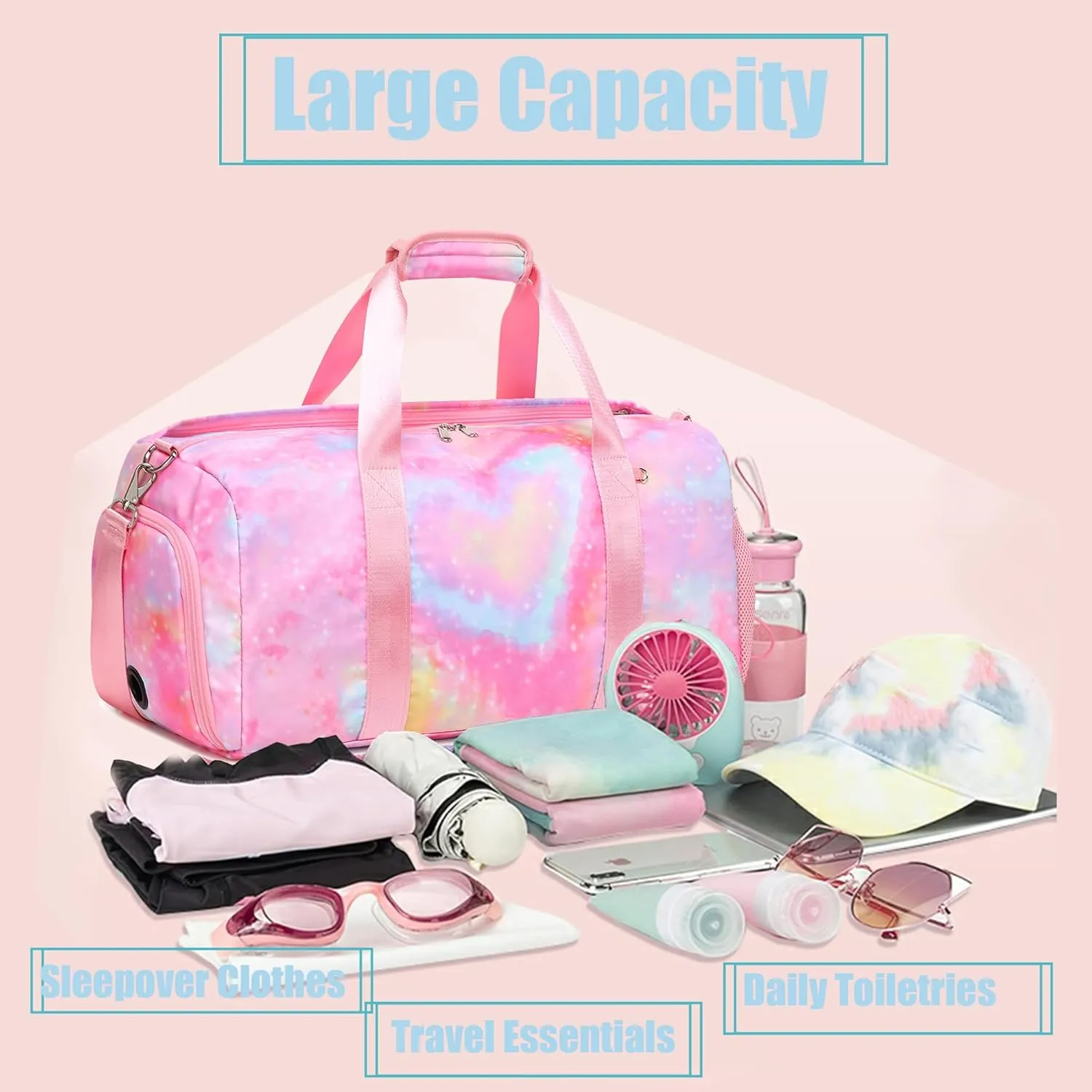 Dance Duffle With Shoe Compartment and Wet Pocket, Girls Gymnastics Overnight Sleepover Bag, Y2K Heart Shape