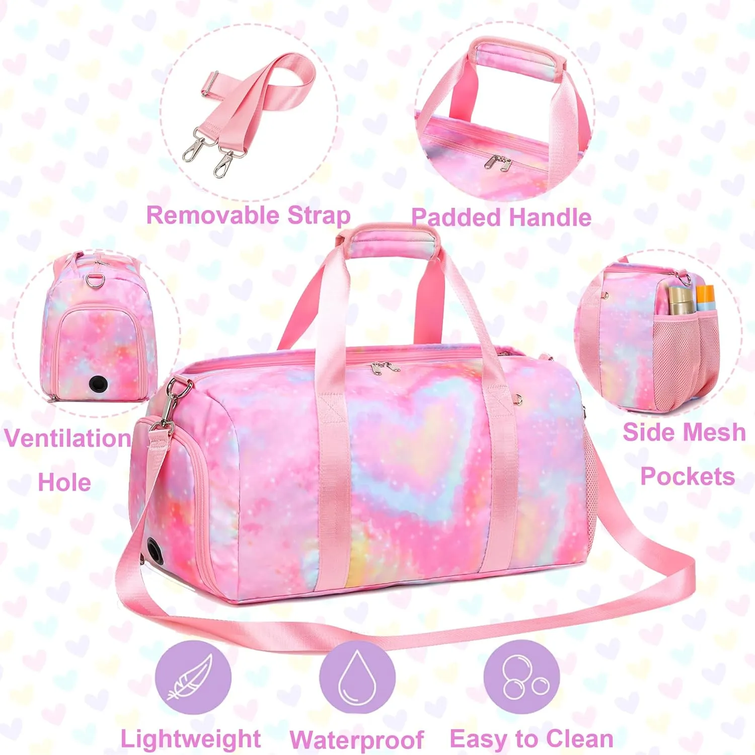 Dance Duffle With Shoe Compartment and Wet Pocket, Girls Gymnastics Overnight Sleepover Bag, Y2K Heart Shape