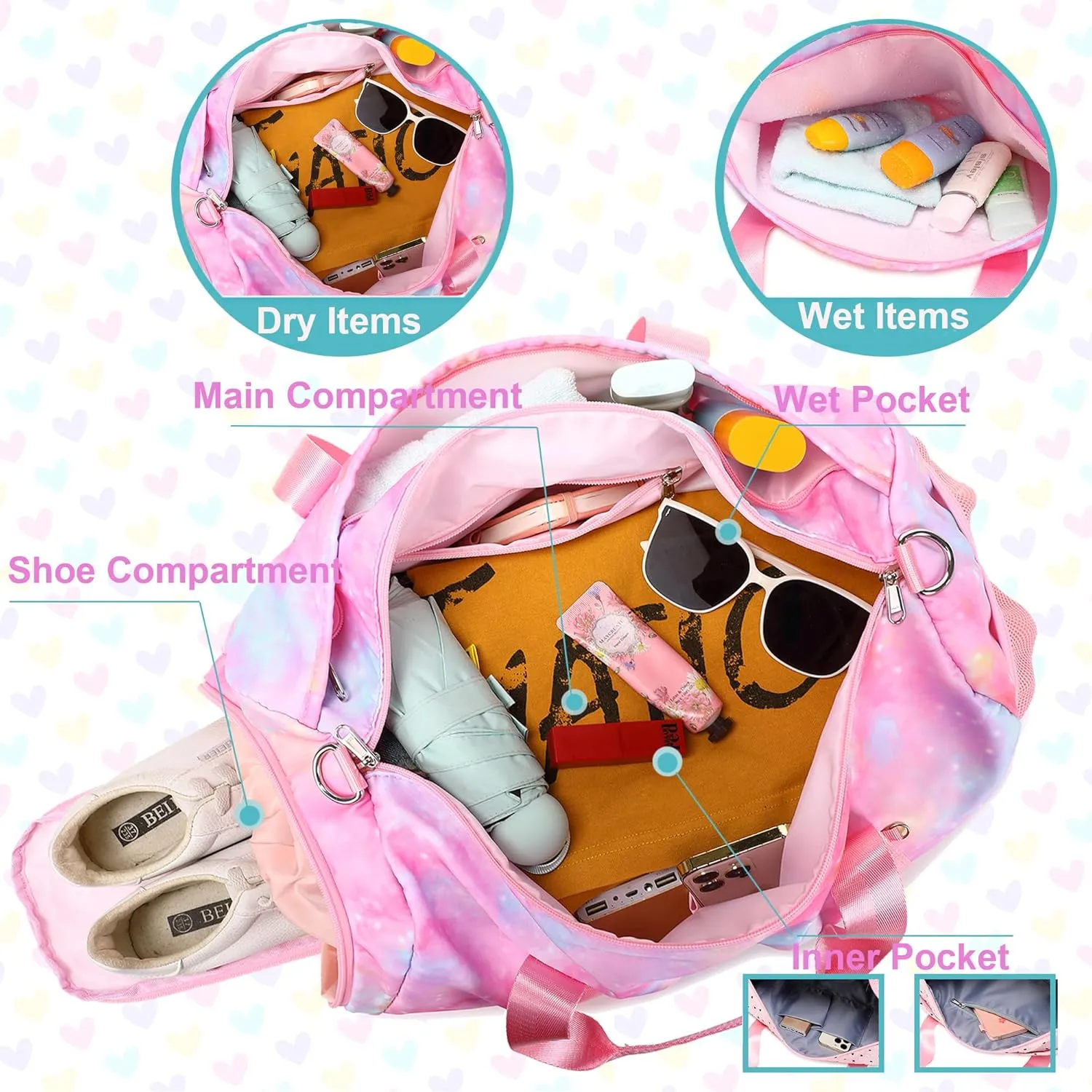 Dance Duffle With Shoe Compartment and Wet Pocket, Girls Gymnastics Overnight Sleepover Bag, Y2K Heart Shape